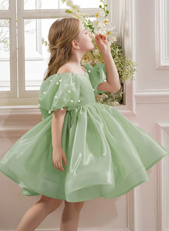 Take Two  Girls Green Pearl Puff Faux Pearl Embellished Dress for Women | Best Price UAE